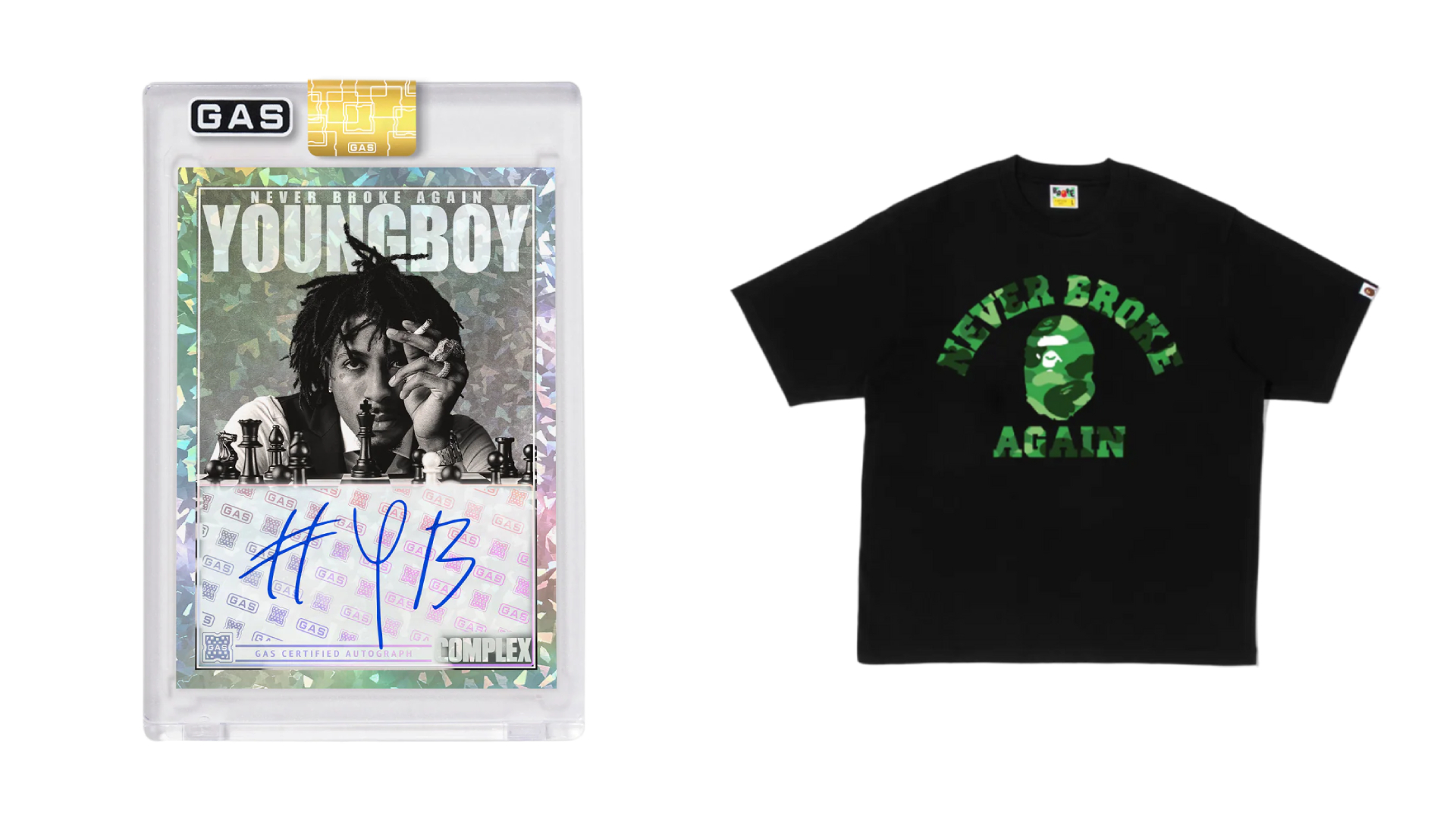 Complex launch image showing a cracked-ice YoungBoy GAS card beside a black BAPE T-shirt.