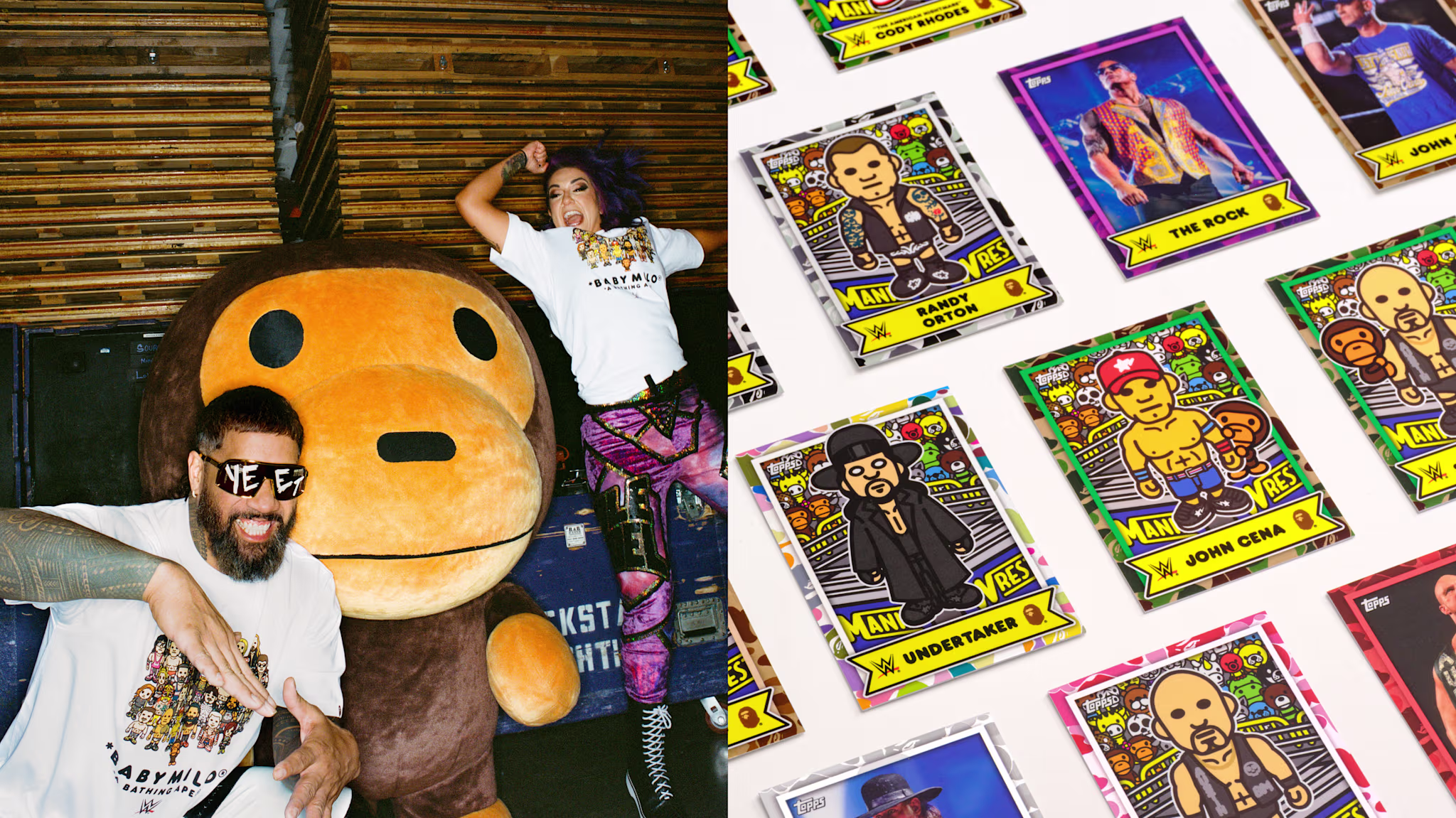 Split Complex editorial image showing BAPE® apparel beside a spread of WWE/Topps trading cards.