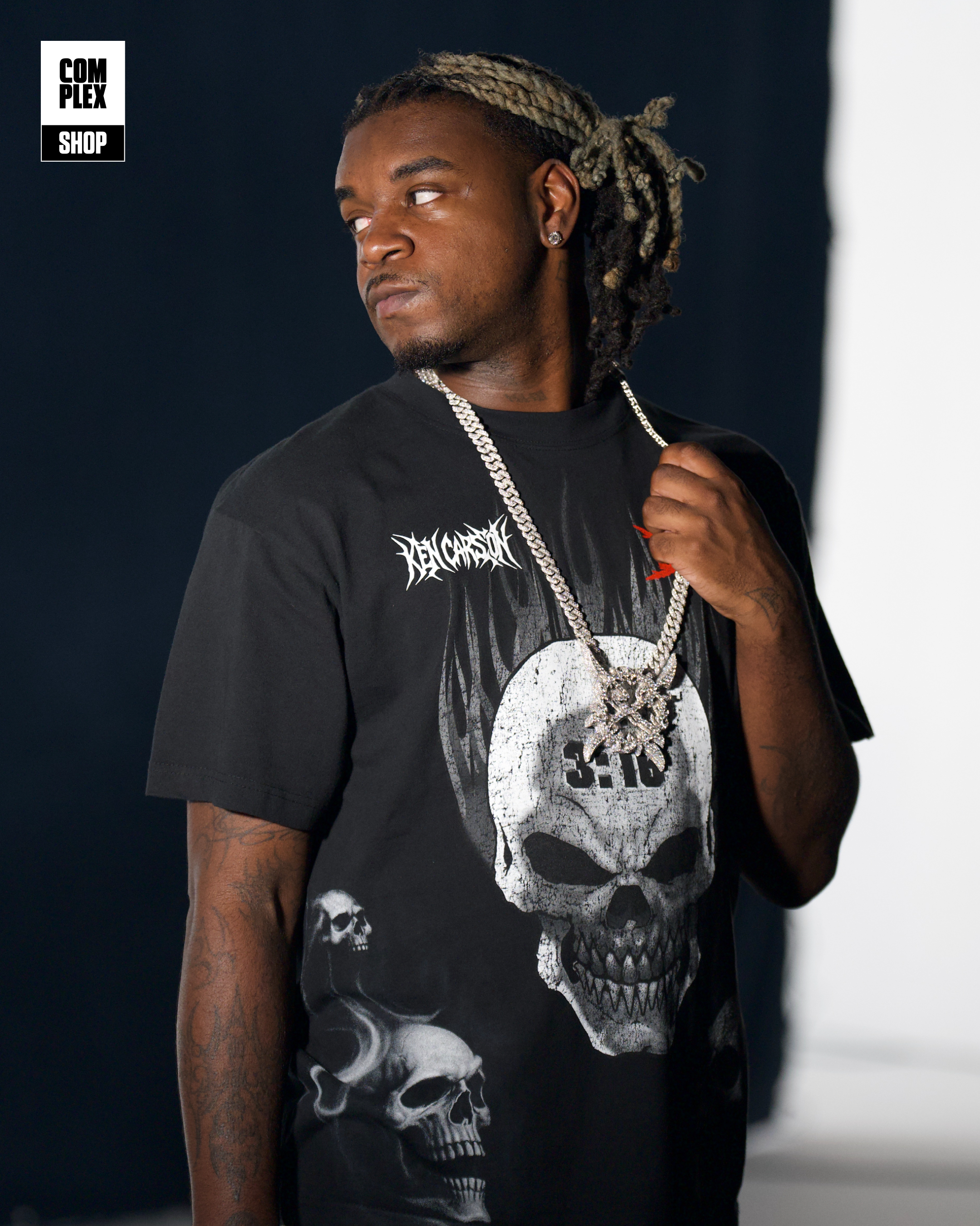 Ken Carson in the WWE × Ken Carson Stone Cold tee within Complex Shop-branded campaign imagery.