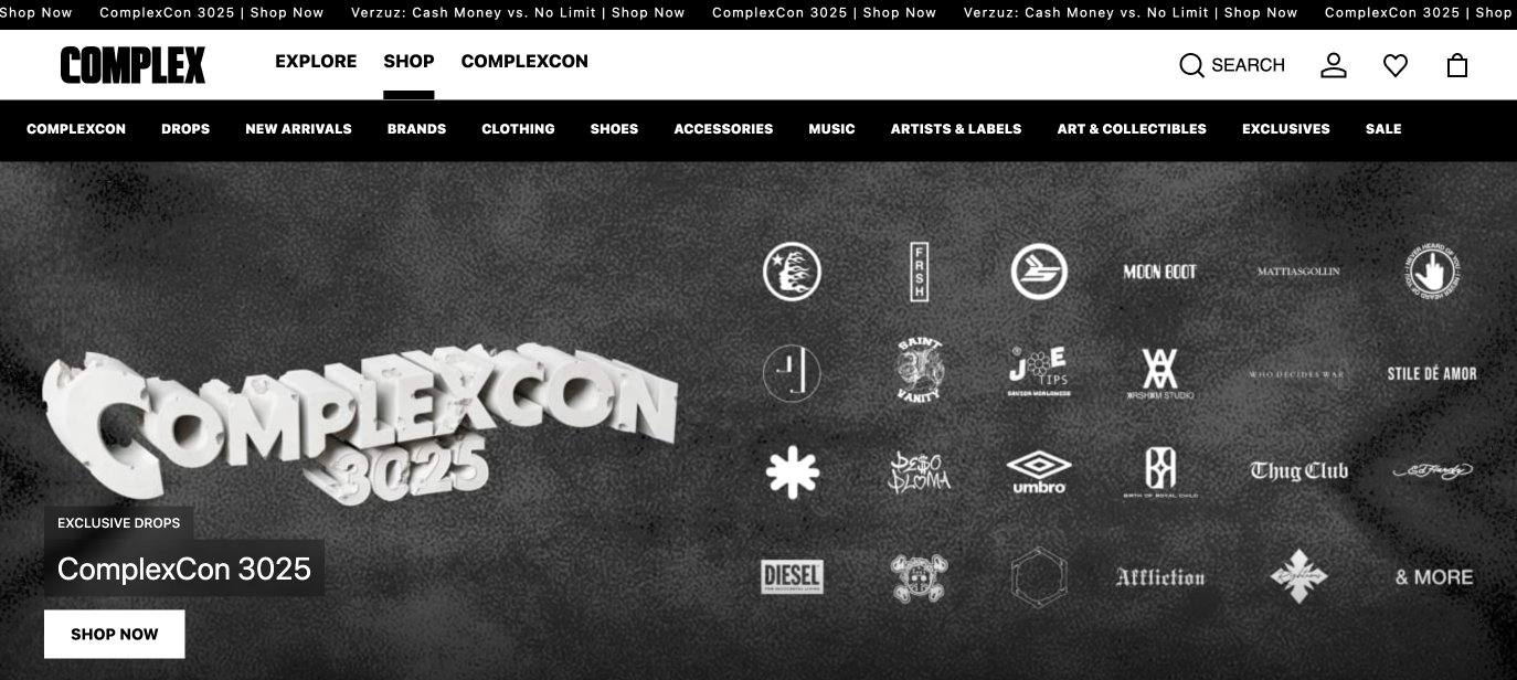 The top of the Complex Shop homepage: a black ticker reading “ComplexCon 3025 | Shop Now” and “Verzuz: Cash Money vs. No Limit | Shop Now”; the Complex logo above a menu whose first item is ComplexCon; and a dark banner with large white lettering reading “ComplexCon 3025,” a panel reading “Exclusive Drops, ComplexCon 3025, Shop Now,” and a grid of partner brand marks ending in “& More.”