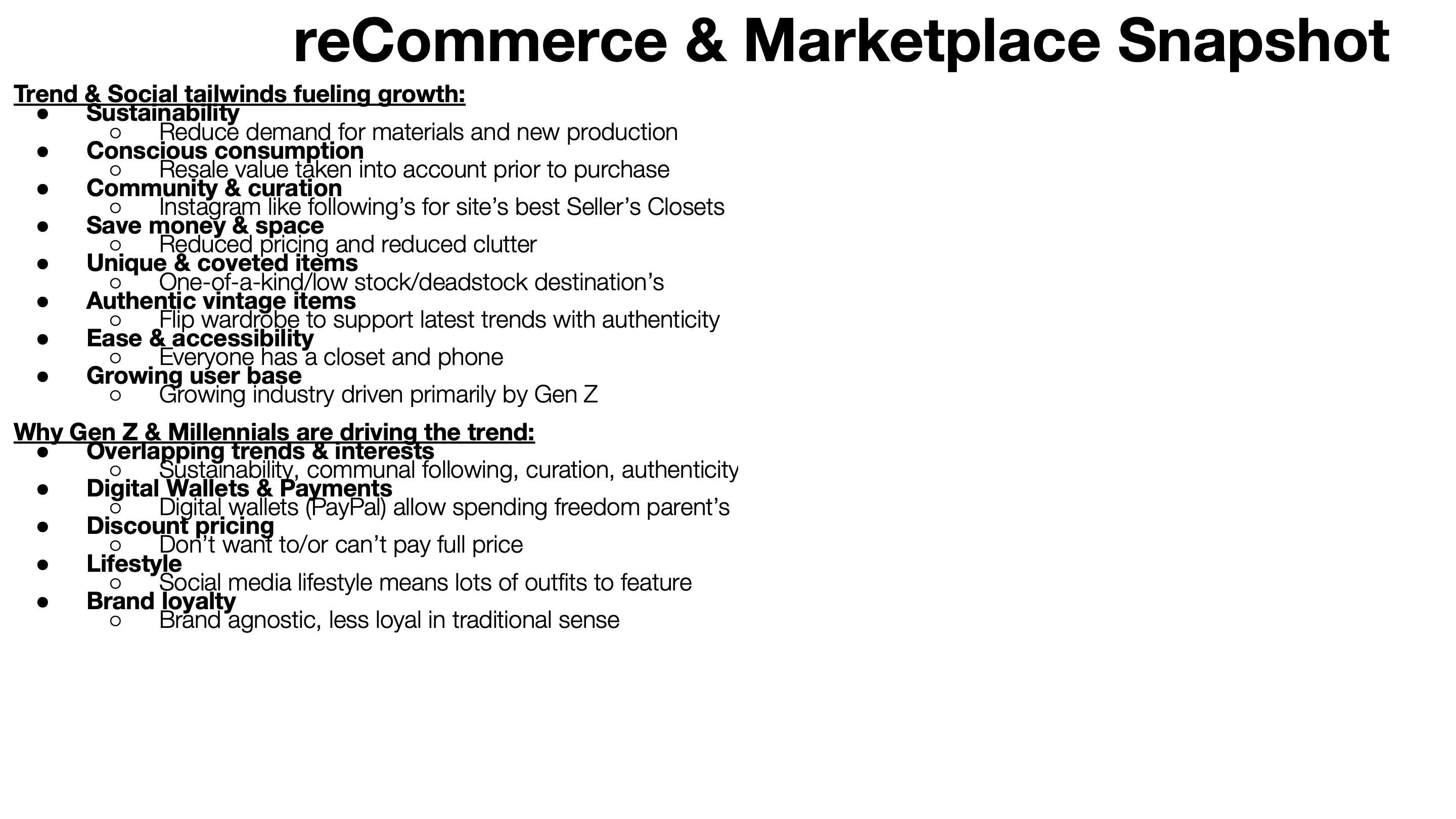 Sanitized source-faithful composite from page 2 of the July 2021 reCommerce and Marketplace Analysis, retaining the page heading and bounded left-column research framing.