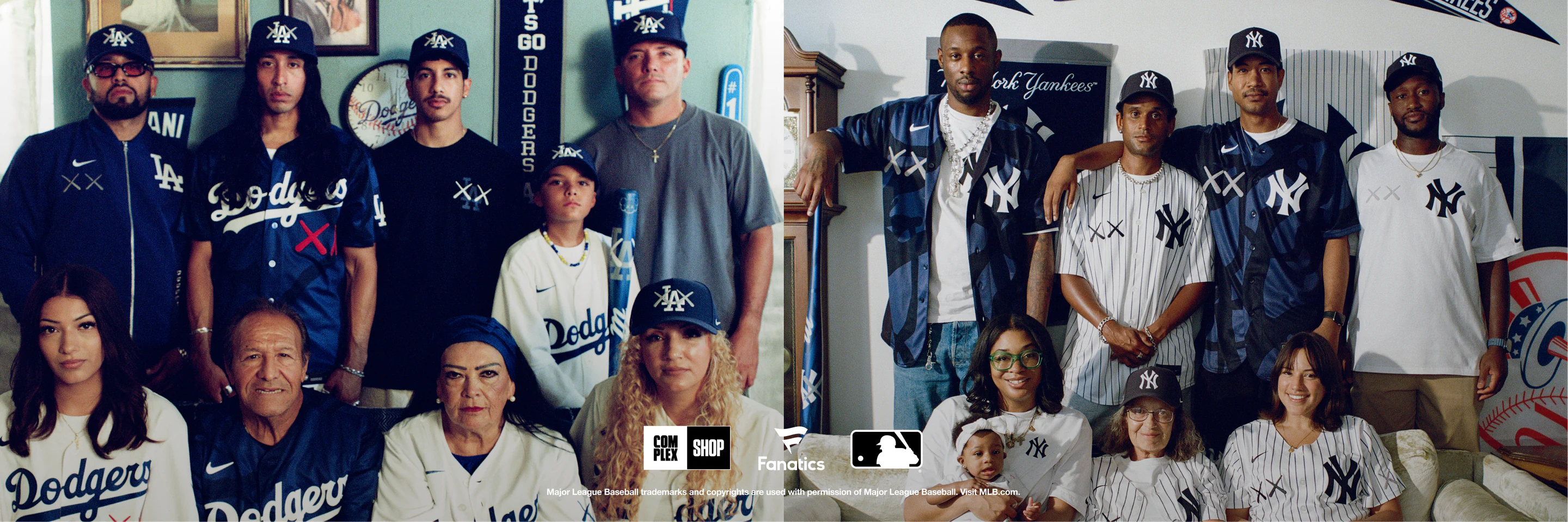 Campaign image announcing the KAWS × MLB collection, Dodgers and Yankees.